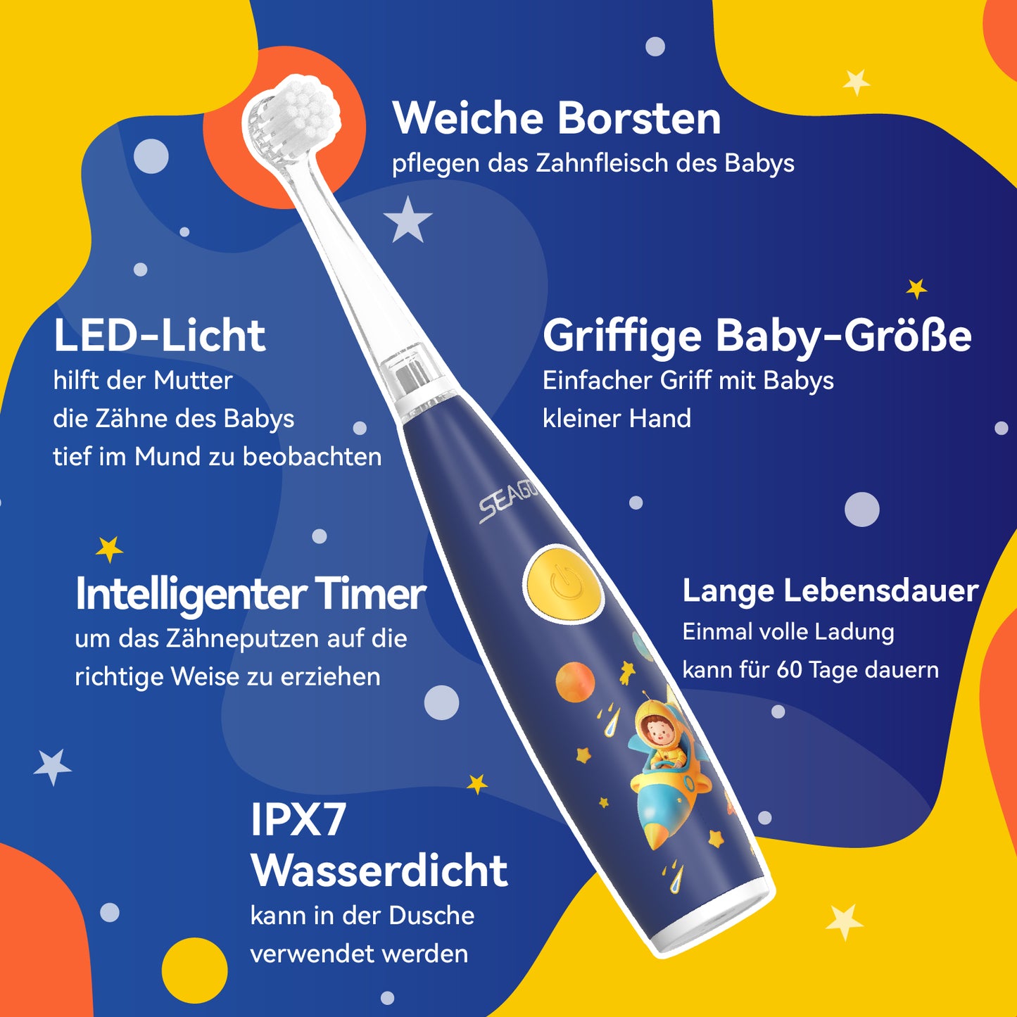 Seago Elektrische Zahnbürste Kinder ab 1 Jahr, Schallzahnbürste Kinder mit LED-Lichtern und DIY-Aufklebern, 8 Weiche BPA-freie Bürstenköpfe, Kinderzahnbürste für Baby 0 bis 3 Kleinkind, SG-2159