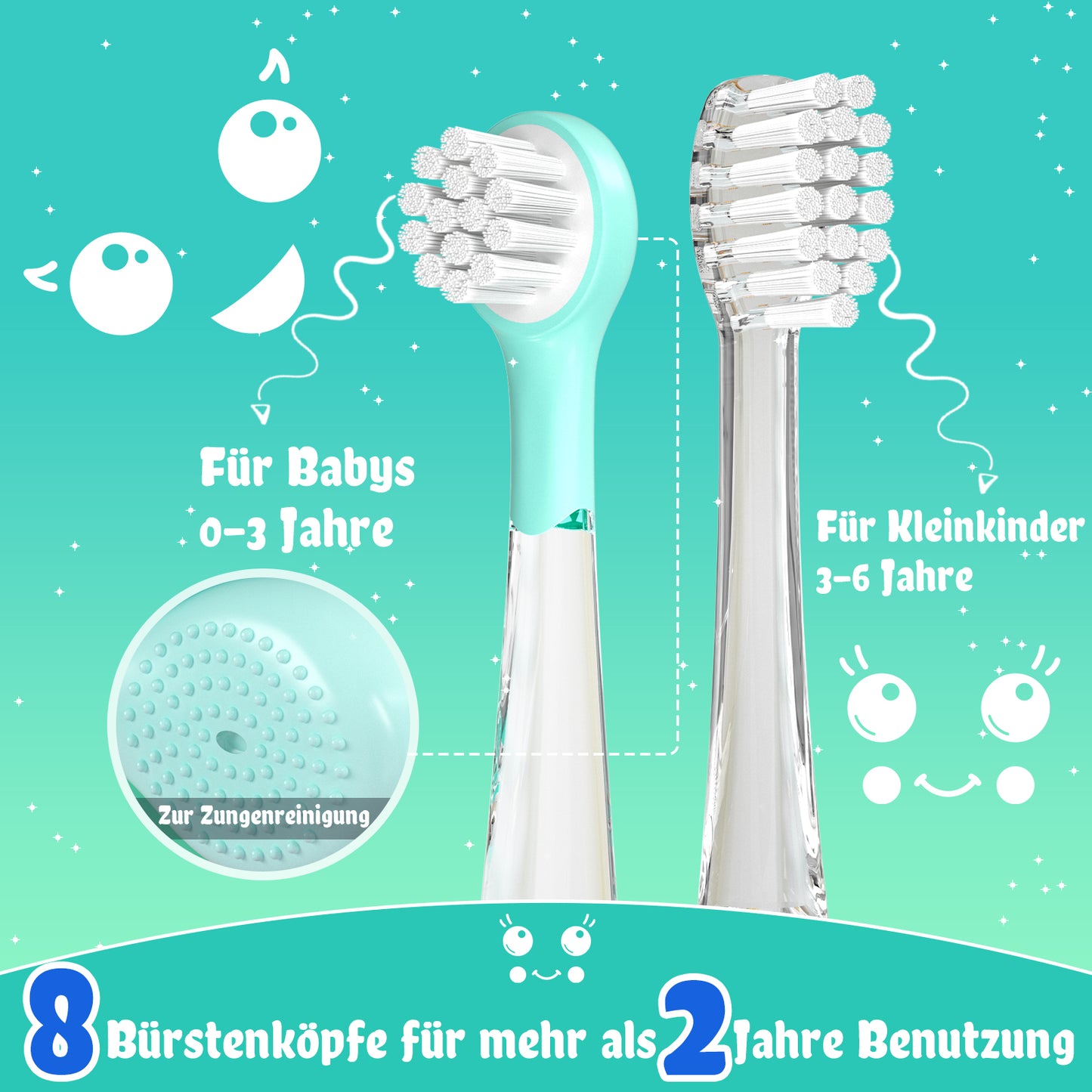 Seago Elektrische Zahnbürste Kinder 0-6 Jahre mit buntem LED Licht, Smart Timer, wiederaufladbare Baby Zahnbürste mit 8 weiche Ersatzbürstenköpfen, IPX7 Wasserdicht, SG2139