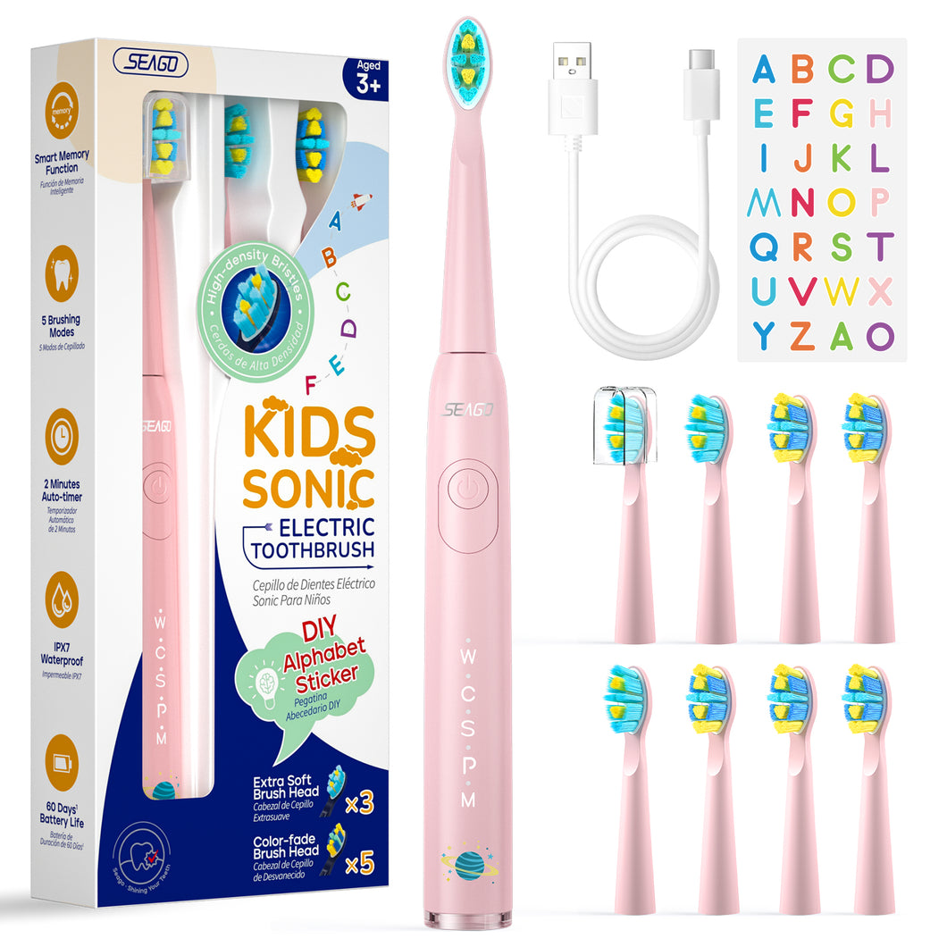 Seago elektrische Zahnbürste Kinder mit extra weiche Borsten und 5 persönliche Modi, 8 Ersatzköpfe, Smart Timer, wiederaufladbare Zahnbürste Kinder (Rosa)