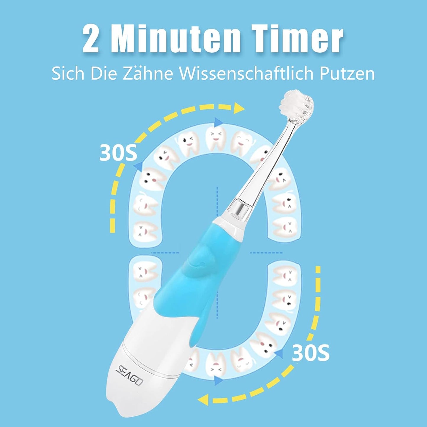 Seago SG-513 Elektrische Zahnbürste Kinder Baby Kinderzahnbürste Elektrisch ab 0-3 Jahre mit LED Licht Smart Timer Babyzahnbürste Wasserdicht IPX7 Schallzahnbürste (Baby Blau)