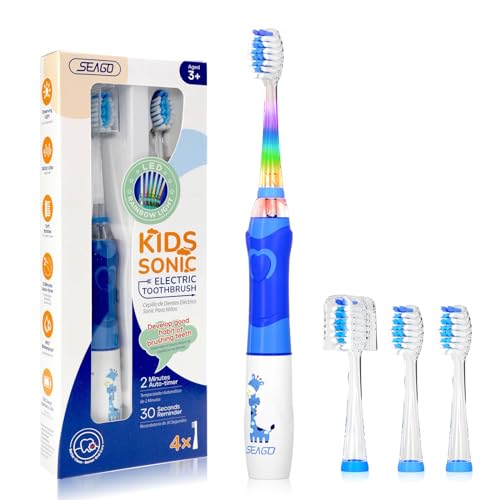 Seago Elektrische Zahnbürste Kinder ab 2, Kinderzahnbürsten mit 4 Extra Weiche Bürstenköpfe und LED Licht, 4 Modi 24000VPM Smart Timer Schallzahnbürste für Kleinkind Mädchen Jungen SG977