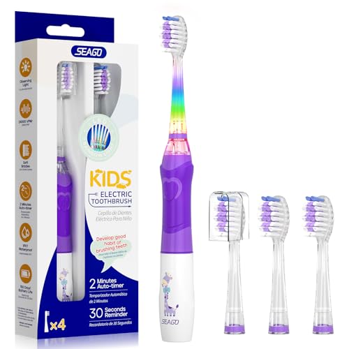 Seago Elektrische Zahnbürste Kinder ab 2, Kinderzahnbürsten mit 4 Extra Weiche Bürstenköpfe und LED Licht, 4 Modi 24000VPM Smart Timer Schallzahnbürste für Kleinkind Mädchen Jungen SG977