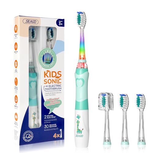 Seago Elektrische Zahnbürste Kinder ab 2, Kinderzahnbürsten mit 4 Extra Weiche Bürstenköpfe und LED Licht, 4 Modi 24000VPM Smart Timer Schallzahnbürste für Kleinkind Mädchen Jungen SG977