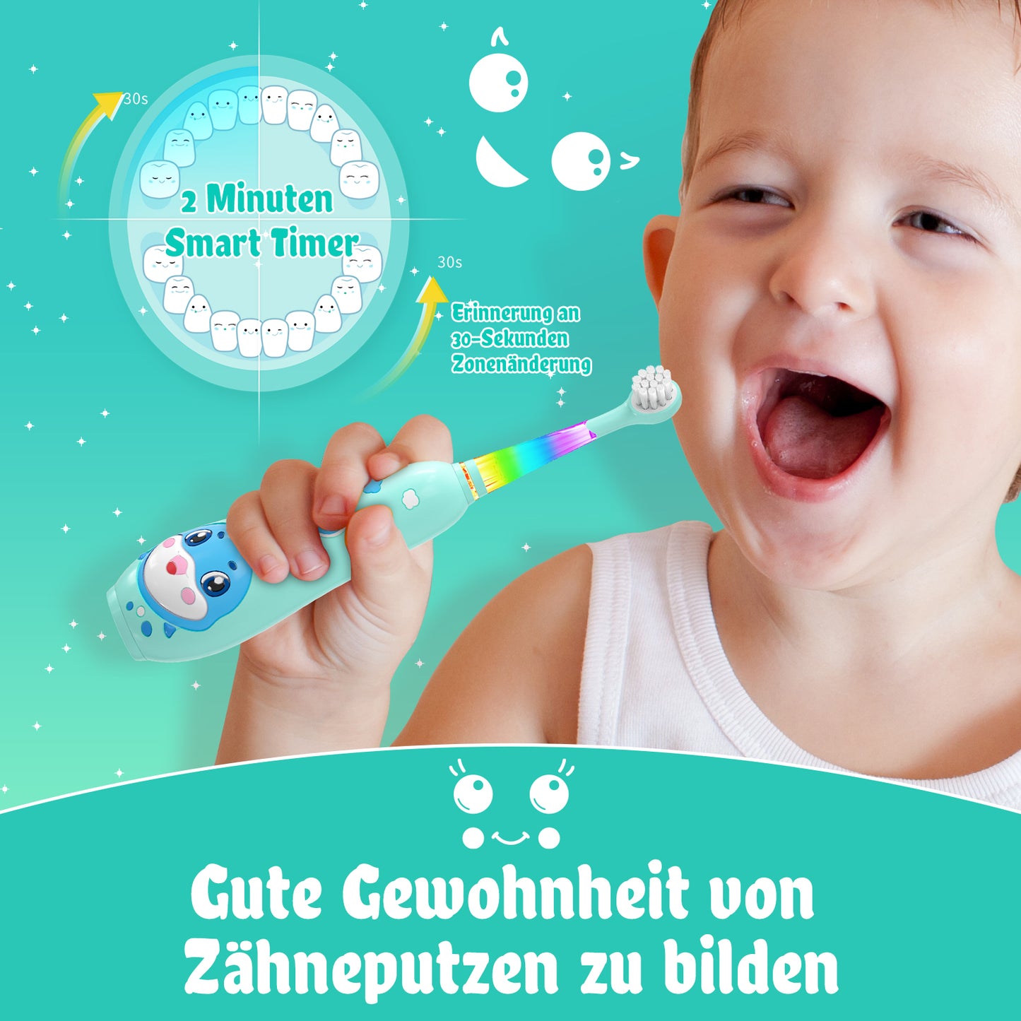 Seago Elektrische Zahnbürste Kinder 0-6 Jahre mit buntem LED Licht, Smart Timer, wiederaufladbare Baby Zahnbürste mit 8 weiche Ersatzbürstenköpfen, IPX7 Wasserdicht, SG2139