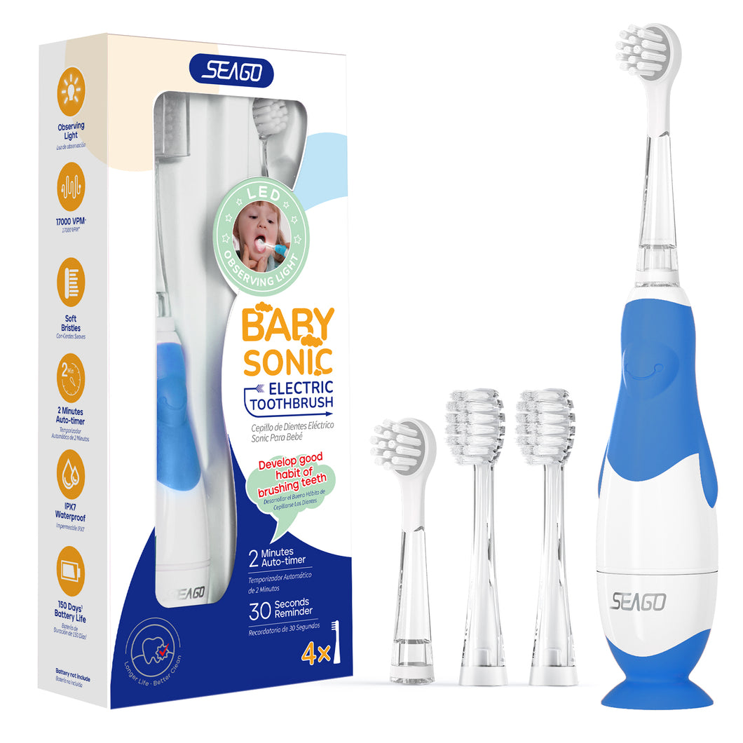 Seago Elektrische Zahnbürste Kinder Baby Zahnbürste ab 0 1 2 3 Jahr, mit LED Licht, Runder Weich Ersatzbürsten, Elektrische Zahnbürste Baby,2 Minuten Smart Timer, Wasserdicht IPX7,SG513