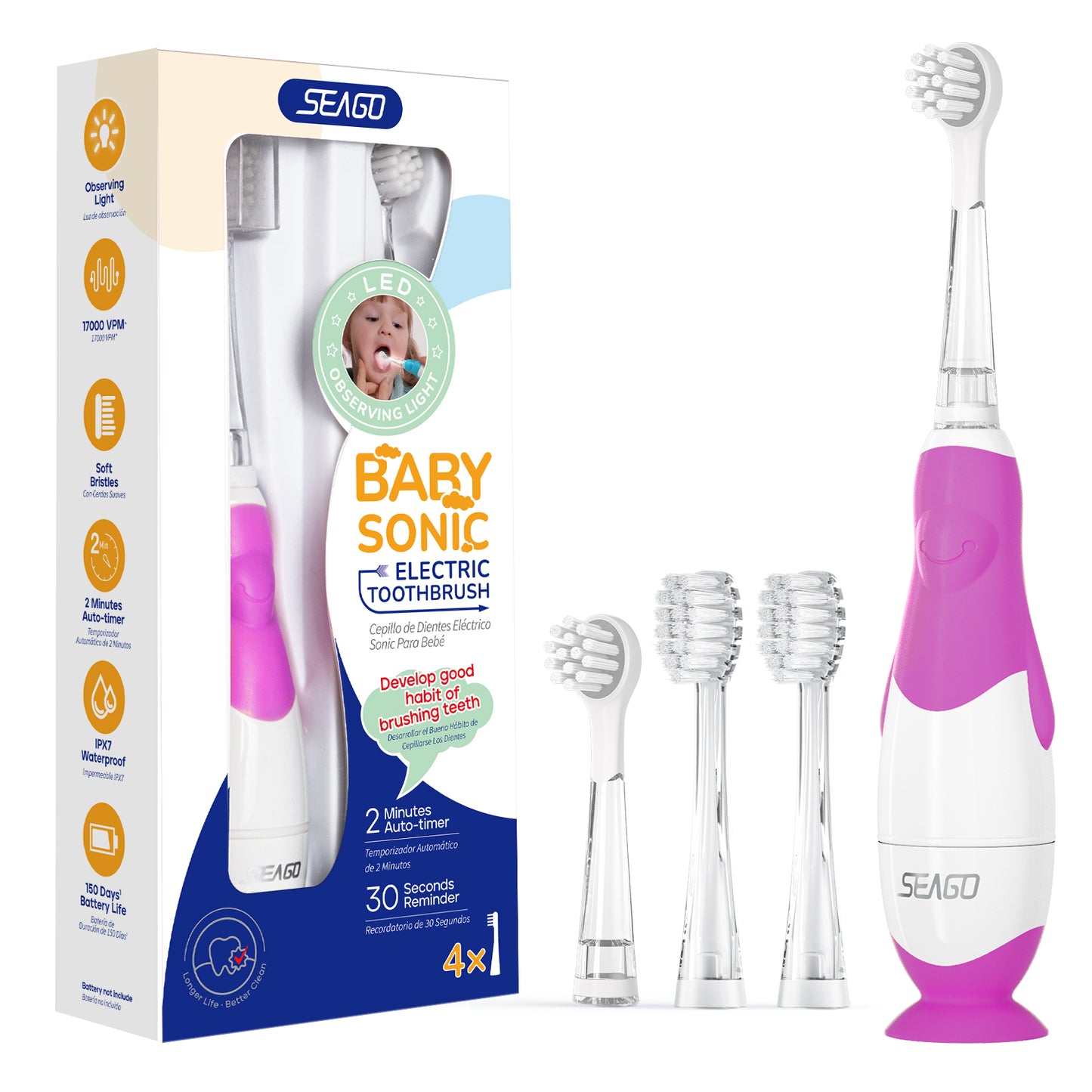 Seago Elektrische Zahnbürste Kinder Baby Zahnbürste ab 0 1 2 3 Jahr, mit LED Licht, Runder Weich Ersatzbürsten, Elektrische Zahnbürste Baby,2 Minuten Smart Timer, Wasserdicht IPX7,SG513