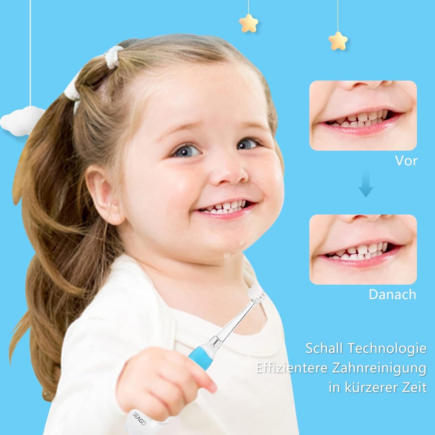 Seago SG-513 Elektrische Zahnbürste Kinder Baby Kinderzahnbürste Elektrisch ab 0-3 Jahre mit LED Licht Smart Timer Babyzahnbürste Wasserdicht IPX7 Schallzahnbürste (Baby Blau)