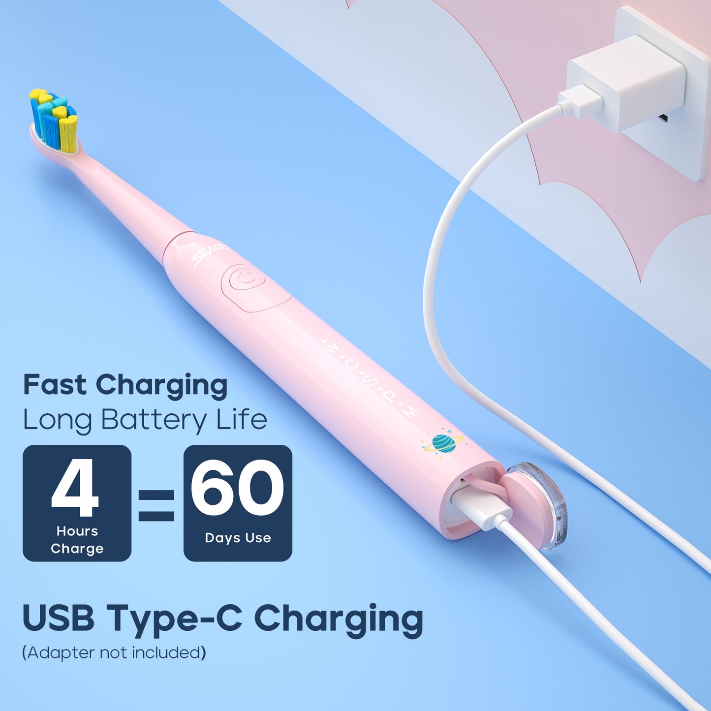 Seago elektrische Zahnbürste Kinder mit extra weiche Borsten und 5 persönliche Modi, 8 Ersatzköpfe, Smart Timer, wiederaufladbare Zahnbürste Kinder (Rosa)