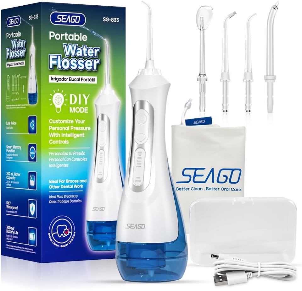 Seago Munddusche für den Zahnstrahl, tragbar, professionell, DIY Modi, IPX7 wasserdicht, 5 Düsen, USB, wiederaufladbar, Zahnstrahl für Zuhause und Reisen (weiß)