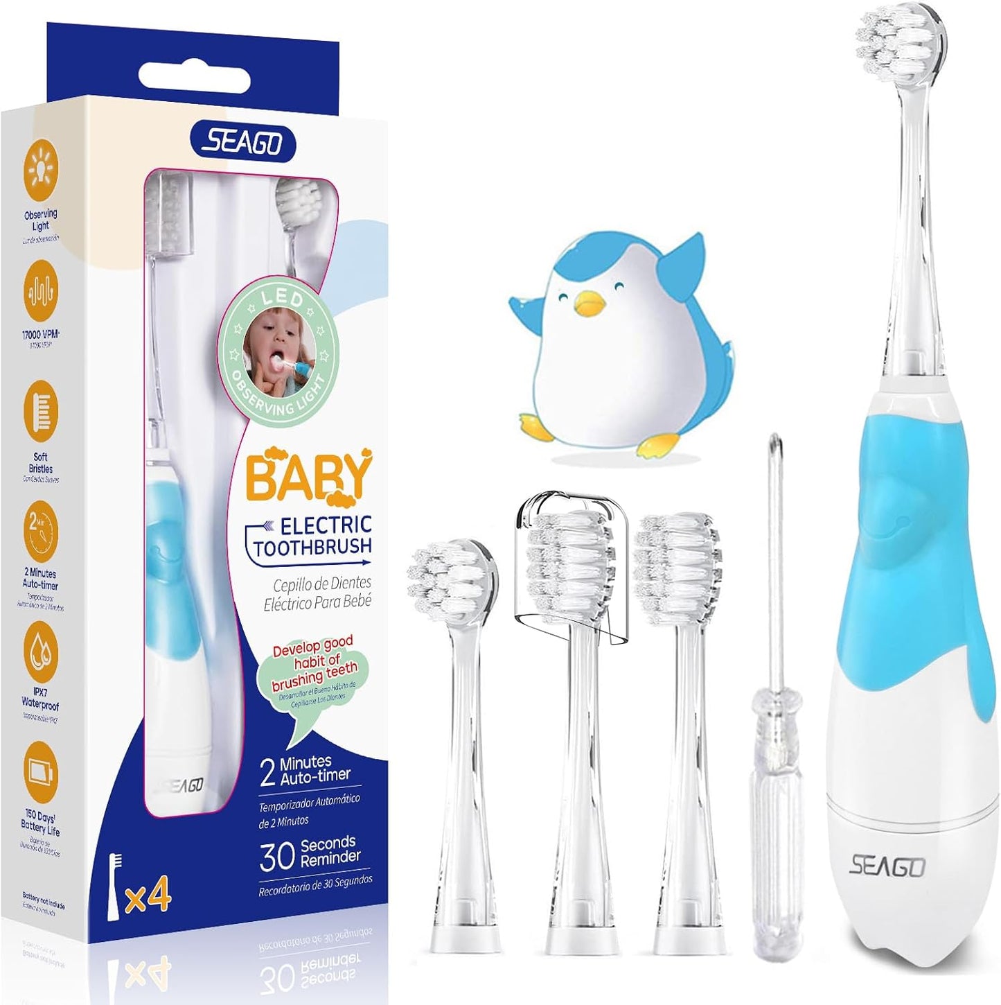 Seago SG-513 Elektrische Zahnbürste Kinder Baby Kinderzahnbürste Elektrisch ab 0-3 Jahre mit LED Licht Smart Timer Babyzahnbürste Wasserdicht IPX7 Schallzahnbürste (Baby Blau)