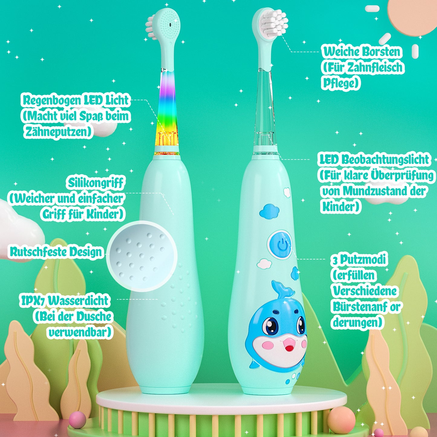 Seago Elektrische Zahnbürste Kinder 0-6 Jahre mit buntem LED Licht, Smart Timer, wiederaufladbare Baby Zahnbürste mit 8 weiche Ersatzbürstenköpfen, IPX7 Wasserdicht, SG2139