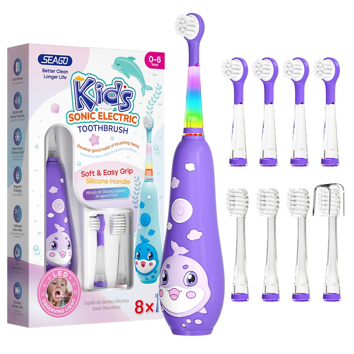 SEAGO Kids Electric Toothbrushes Rechargeable, Toddler Electric Toothbrush with Magnetic Charging, LED Observing Light, 8 Toothbrush Heads for Ages 2-4 -6 Boys Girls (Blue)