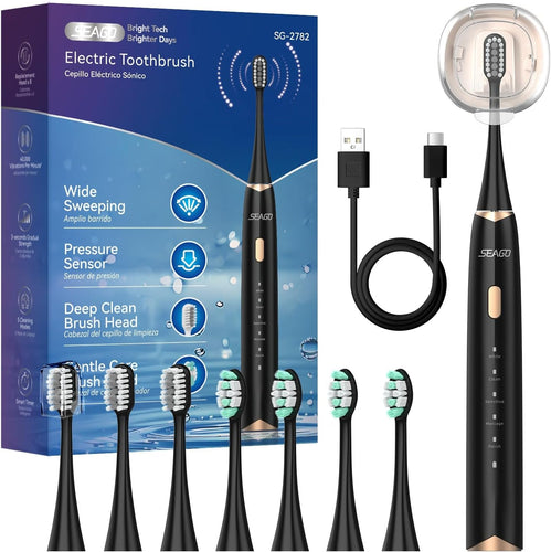 Seago Elektrische Zahnbürste mit Drucksensor, Ultraschallzahnbürsten und Zahnbürstenhalter, 2-Min-Timer, 5 Modi, 8 Bürstenköpfen, USB-C-Schnellladung, Aufhellung Der Zähne In 7 Tage, SG-2782(Schwarz)