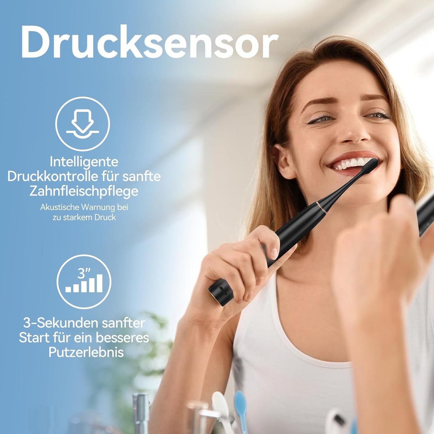 Seago Elektrische Zahnbürste mit Drucksensor, Ultraschallzahnbürsten und Zahnbürstenhalter, 2-Min-Timer, 5 Modi, 8 Bürstenköpfen, USB-C-Schnellladung, Aufhellung Der Zähne In 7 Tage, SG-2782(Schwarz)