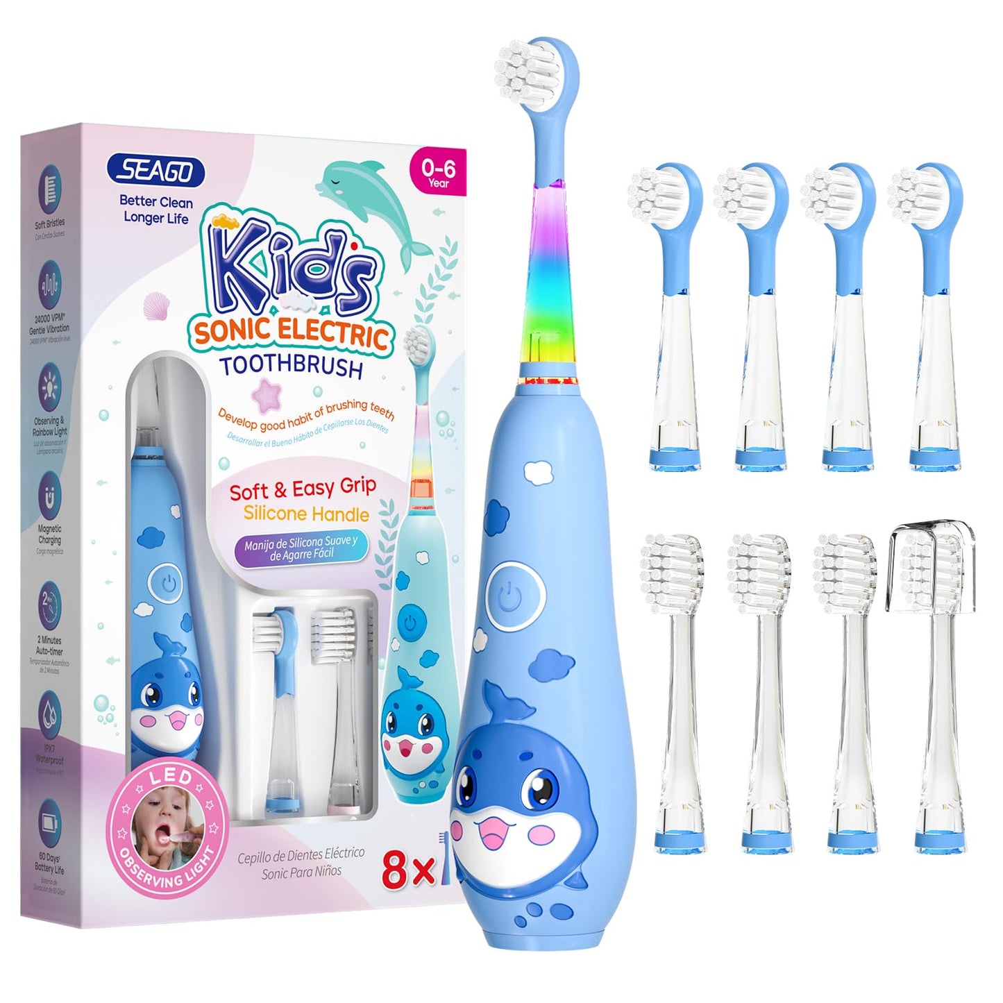 SEAGO Kids Electric Toothbrushes Rechargeable, Toddler Electric Toothbrush with Magnetic Charging, LED Observing Light, 8 Toothbrush Heads for Ages 2-4 -6 Boys Girls (Blue)