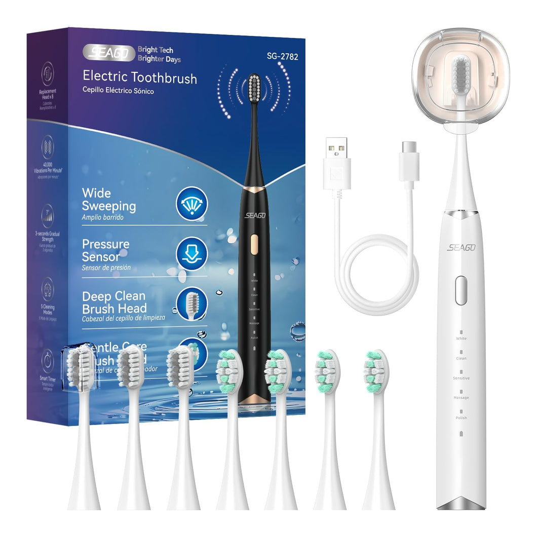 Seago Elektrische Zahnbürste mit Drucksensor, Ultraschallzahnbürsten und Zahnbürstenhalter, 2-Min-Timer, 5 Modi, 8 Bürstenköpfen, USB-C-Schnellladung, Aufhellung Der Zähne In 7 Tage, SG-2782(Schwarz)
