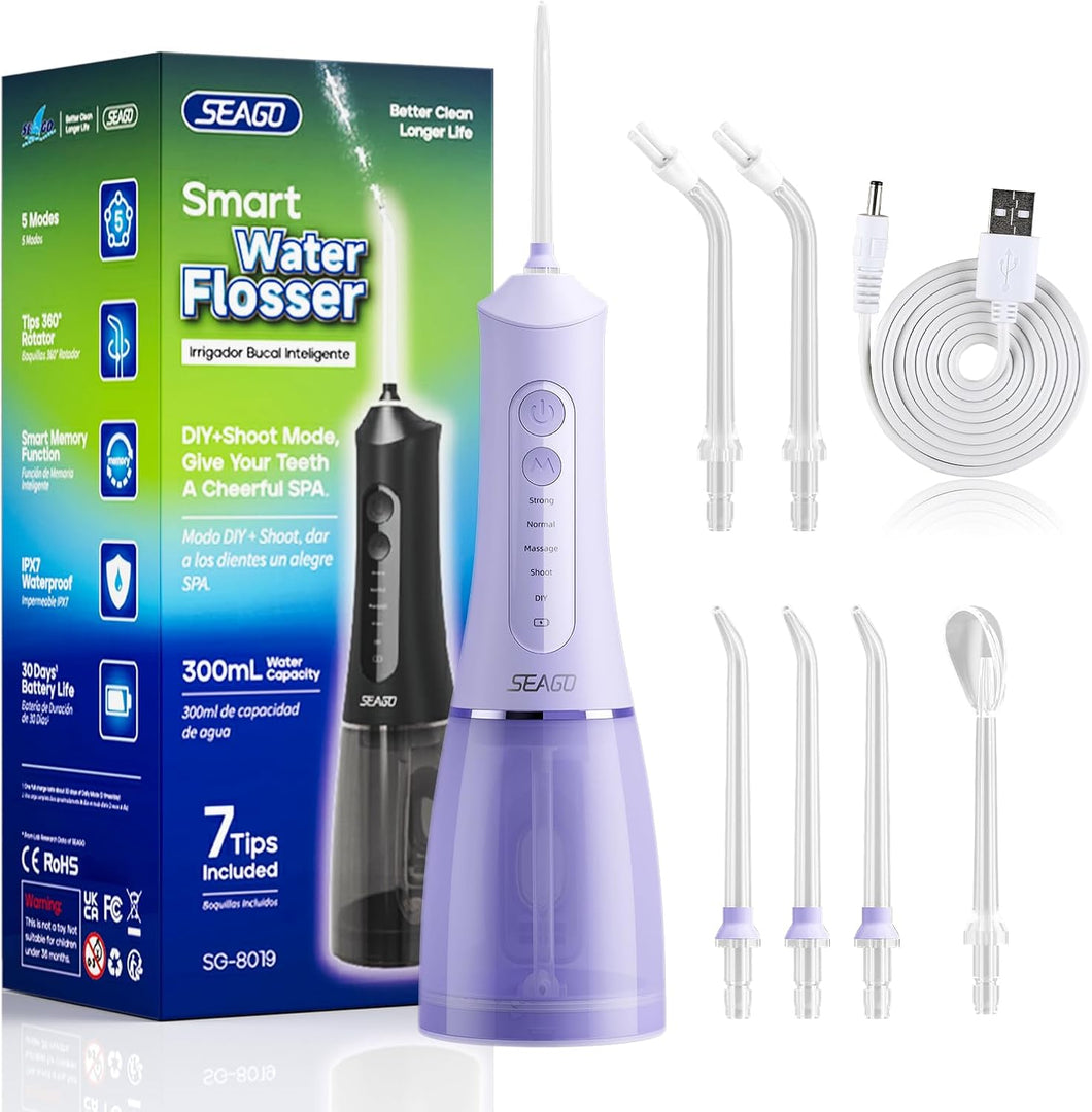 SEAGO Water Dental Flosser Cordless for Teeth, 5 Modes and 7 Nozzles, Dental Water Flosser 300ML, DIY Mode Memory Function, IPX7 Waterproof Dental Flosser, SG8019 Purple