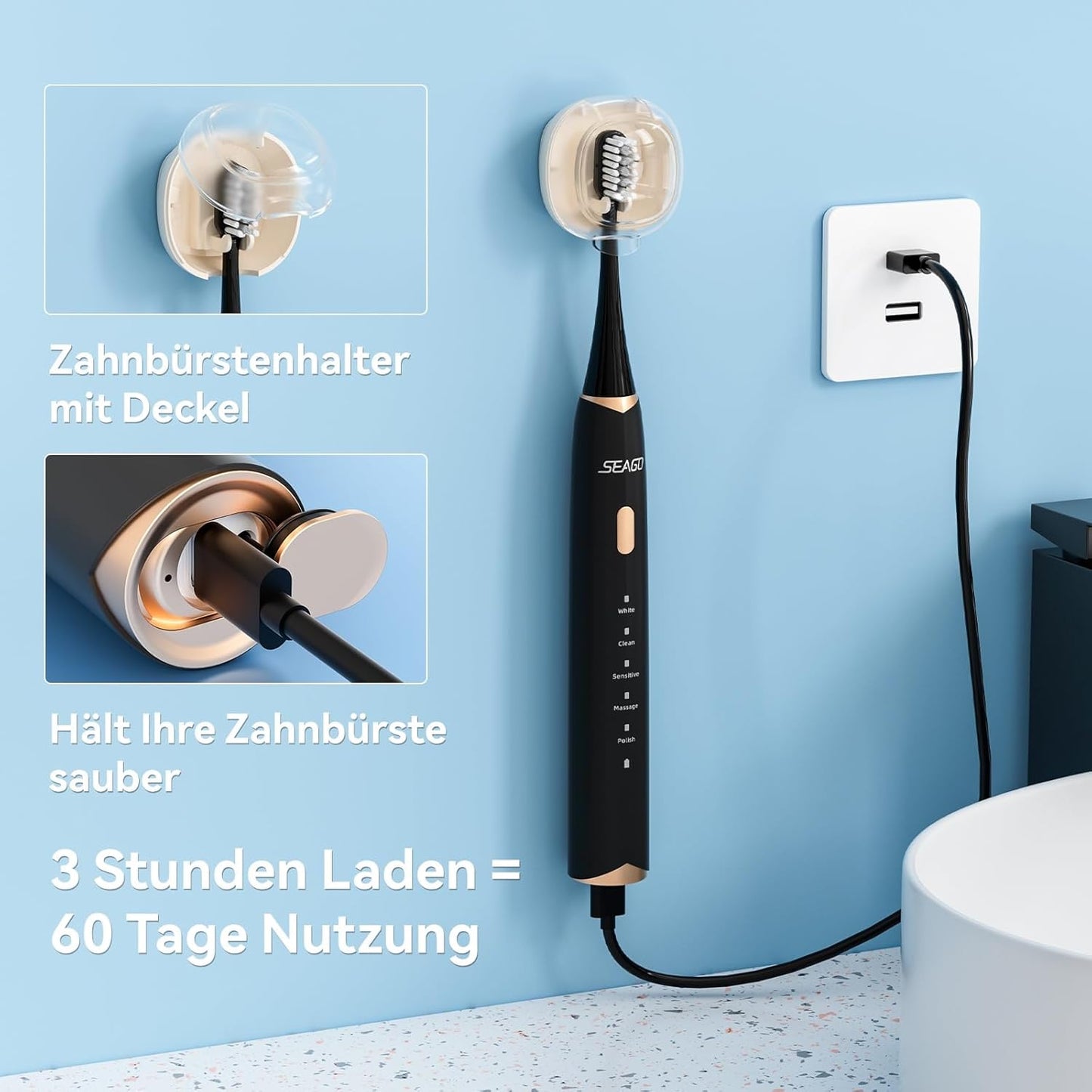 Seago Elektrische Zahnbürste mit Drucksensor, Ultraschallzahnbürsten und Zahnbürstenhalter, 2-Min-Timer, 5 Modi, 8 Bürstenköpfen, USB-C-Schnellladung, Aufhellung Der Zähne In 7 Tage, SG-2782(Schwarz)