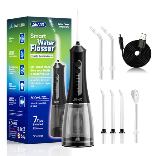 SEAGO Water Dental Flosser Cordless for Teeth, 5 Modes and 7 Nozzles, Dental Water Flosser 300ML, DIY Mode Memory Function, IPX7 Waterproof Dental Flosser, SG8019 Purple