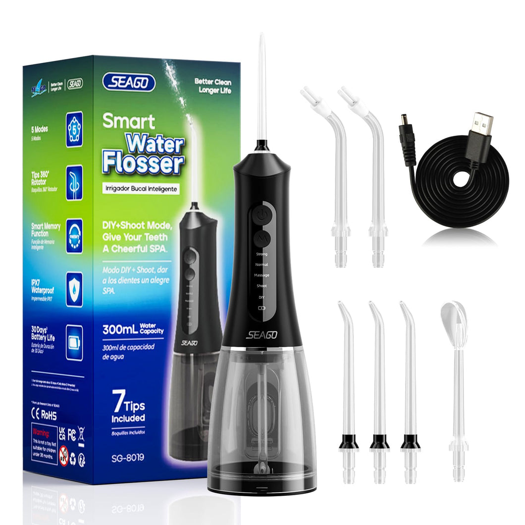 SEAGO Water Dental Flosser Cordless for Teeth, 5 Modes and 7 Nozzles, Dental Water Flosser 300ML, DIY Mode Memory Function, IPX7 Waterproof Dental Flosser, SG8019 Purple