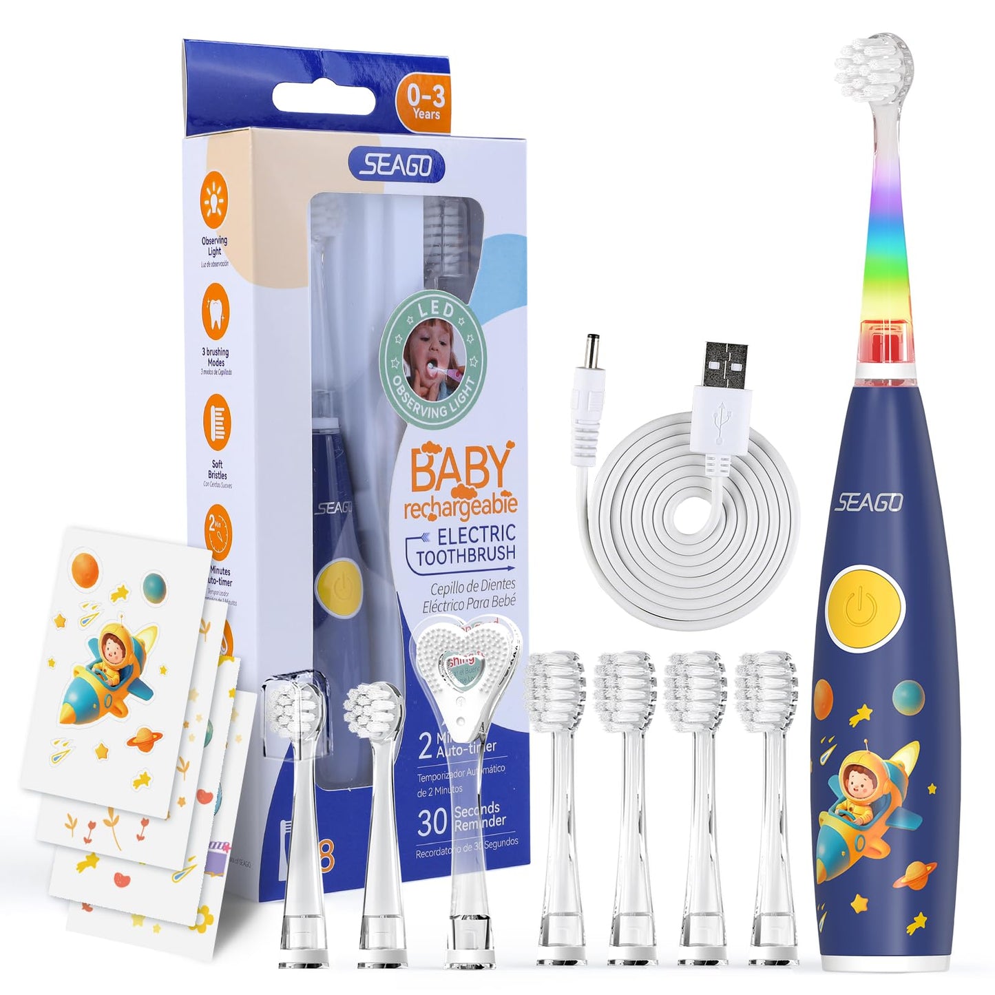 SEAGO Kids Electric Toothbrush Rechargeable with Smart Timer, LED Observing Light & DIY Stickers for Toddlers Ages 2-4, Soft Bristles for Oral Care, USB Charging (Pink)