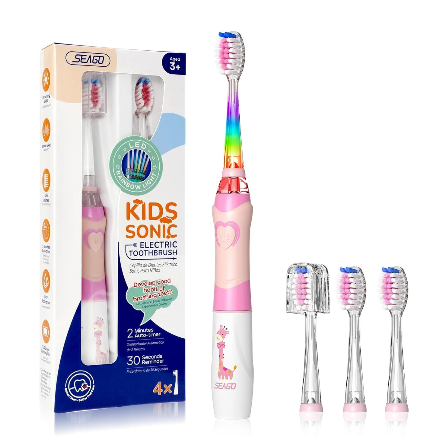 Seago Elektrische Zahnbürste Kinder ab 2, Kinderzahnbürsten mit 4 Extra Weiche Bürstenköpfe und LED Licht, 4 Modi 24000VPM Smart Timer Schallzahnbürste für Kleinkind Mädchen Jungen SG977