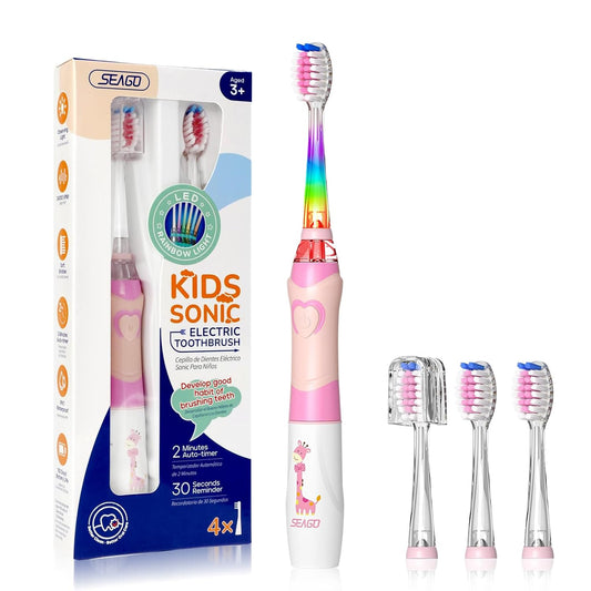 Seago Elektrische Zahnbürste Kinder ab 2, Kinderzahnbürsten mit 4 Extra Weiche Bürstenköpfe und LED Licht, 4 Modi 24000VPM Smart Timer Schallzahnbürste für Kleinkind Mädchen Jungen SG977