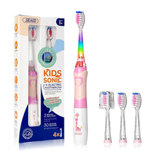 Load image into Gallery viewer, SEAGO Kids Electric Toothbrush with 2 Mins Brushing Timer and 4 Replacement Bursh Heads,Rainbow LED Light Make Brushing Fun, Pink Color Girls Battery Powered Toothbrush for 4-12 Years Old
