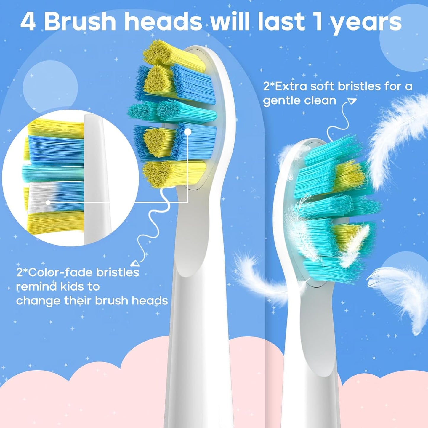 Seago Kids Electric Toothbrush Heads, Electric Toothbrushes Heads for SG2303/SG958, Brush Replacement Heads Pack of 4 (4pcs-White)