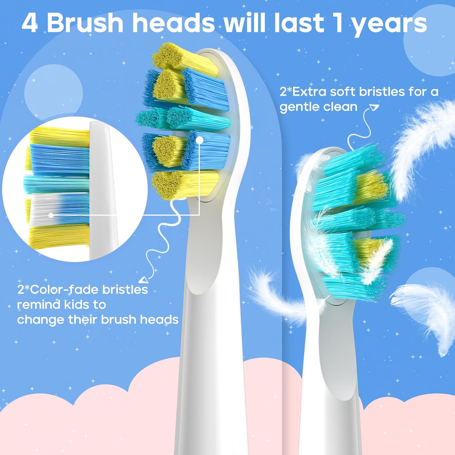 Seago Kids Electric Toothbrush Heads, Electric Toothbrushes Heads for SG2303/SG958, Brush Replacement Heads Pack of 4 (4pcs-White)
