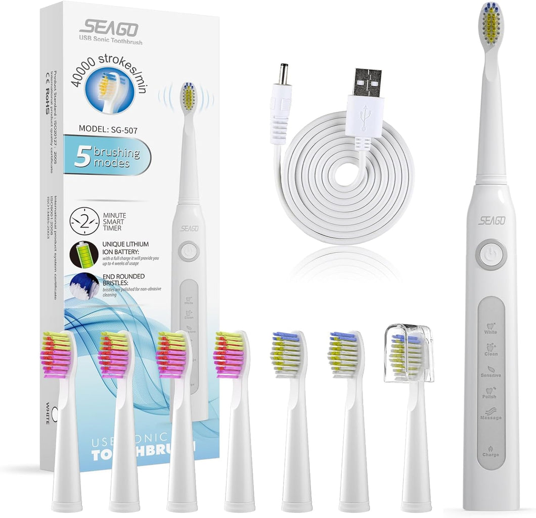 Seago Ultrasonic Toothbrush, Electric Toothbrush with 8 Toothbrush Heads, 40,000 Vibrations per Minute, 5 Different Modes, USB Rechargeable, SG-507 (White)