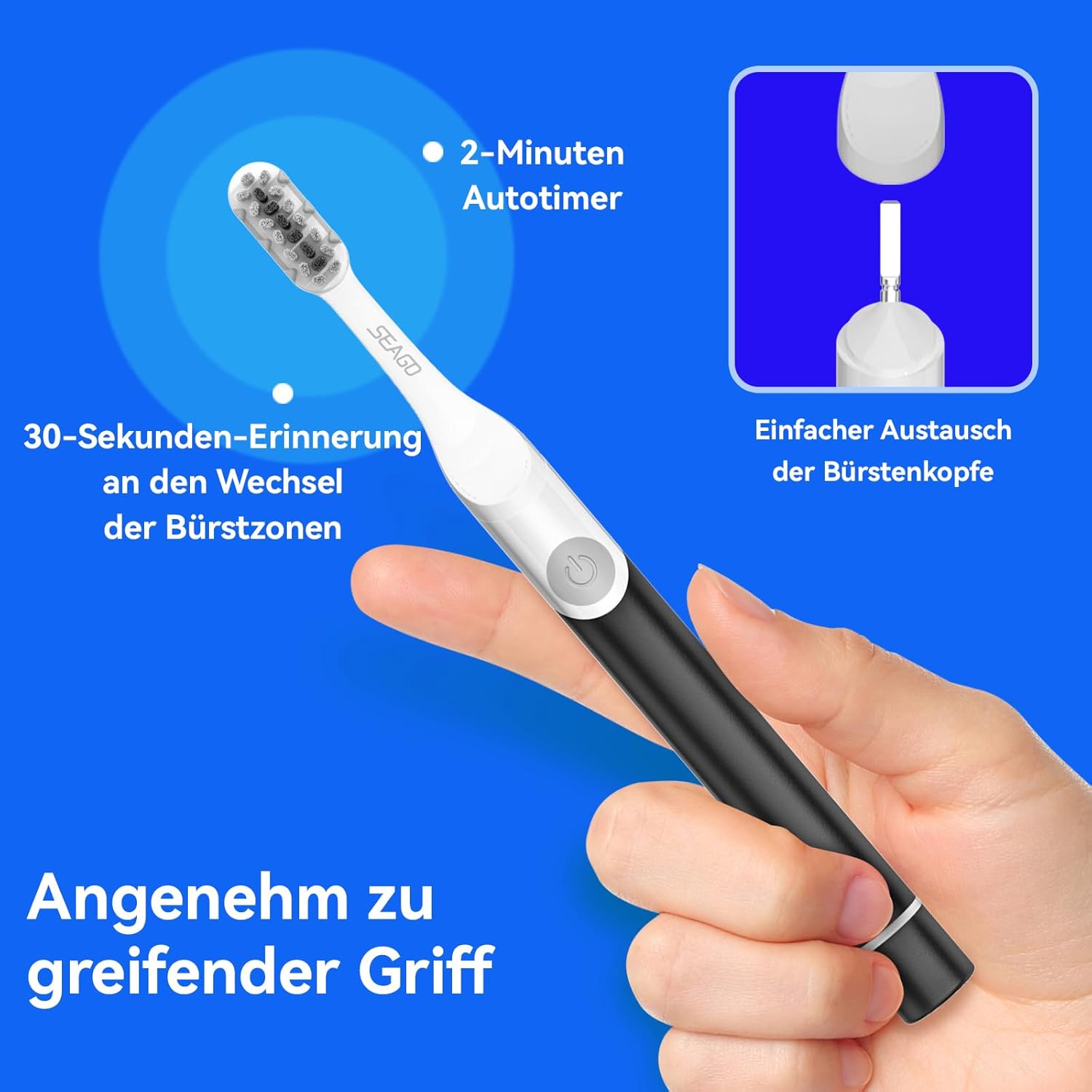 Seago Elektrische Zahnbürste für Reise, Schallzahnbürste, 2 Putzmodi, 24000 Vibrationen pro Minute, 8 Ersatzköpfe, Tragbare Batterie Zahnbürste, Elektrische Reisezahnbürste, SG-2102 (Schwarz)