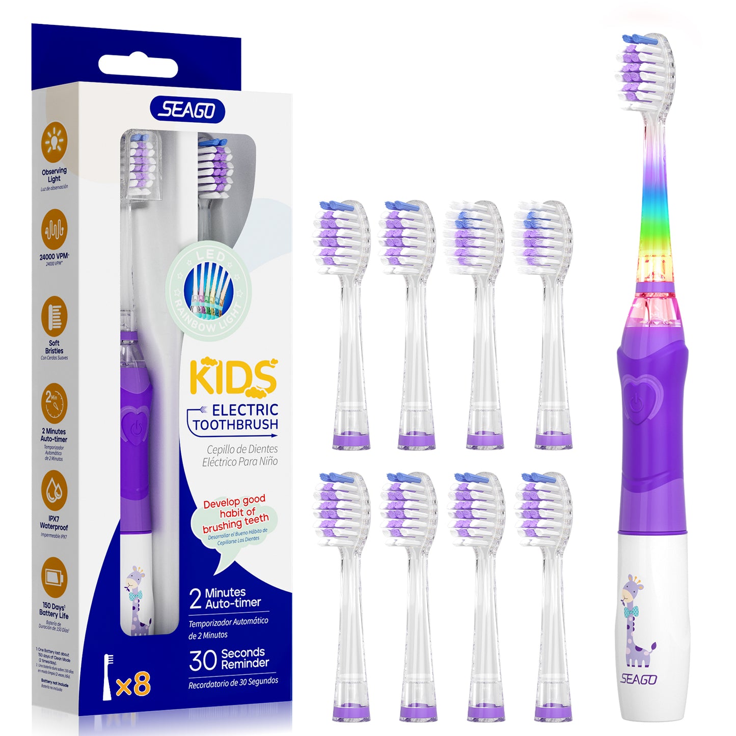 Seago Elektrische Zahnbürste Kinder mit 8 Extra Weiche Aufsteckbürste und 4 Persönliche Modi, LED Licht, Smart Timer, IPX7 Wasserdicht, Kinder Schallzahnbürste ab 3 Jahre, SG977
