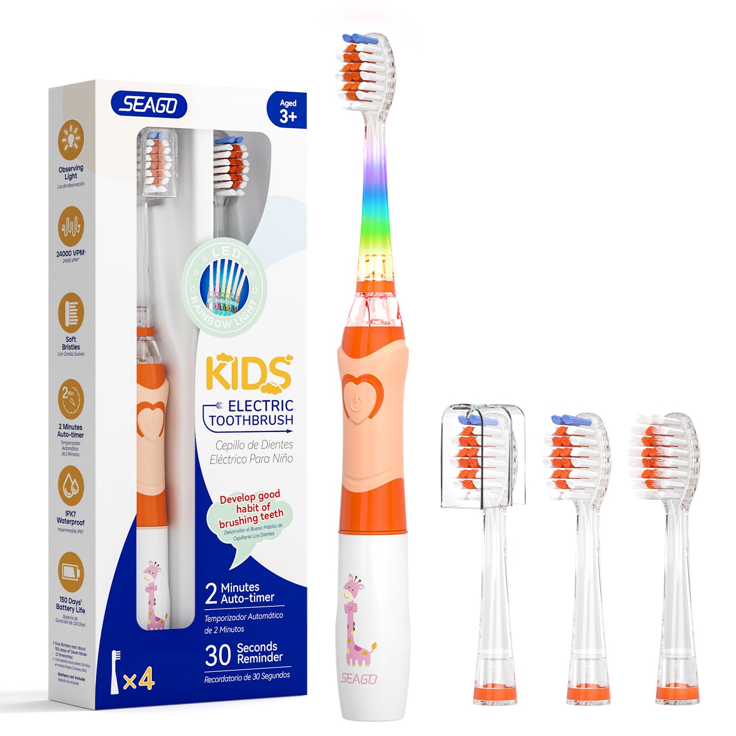 Seago Elektrische Zahnbürste Kinder ab 2, Kinderzahnbürsten mit 4 Extra Weiche Bürstenköpfe und LED Licht, 4 Modi 24000VPM Smart Timer Schallzahnbürste für Kleinkind Mädchen Jungen SG977