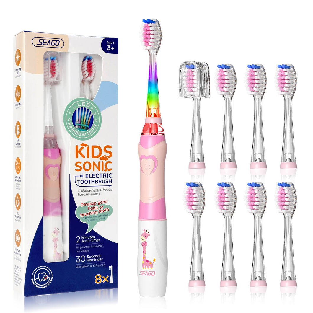 Seago Elektrische Zahnbürste Kinder mit 8 Extra Weiche Aufsteckbürste und 4 Persönliche Modi, LED Licht, Smart Timer, IPX7 Wasserdicht, Kinder Schallzahnbürste ab 3 Jahre, SG977