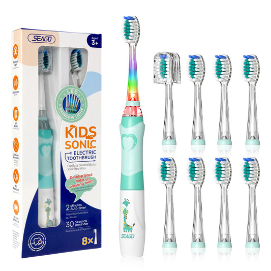 Seago Elektrische Zahnbürste Kinder mit 8 Extra Weiche Aufsteckbürste und 4 Persönliche Modi, LED Licht, Smart Timer, IPX7 Wasserdicht, Kinder Schallzahnbürste ab 3 Jahre, SG977