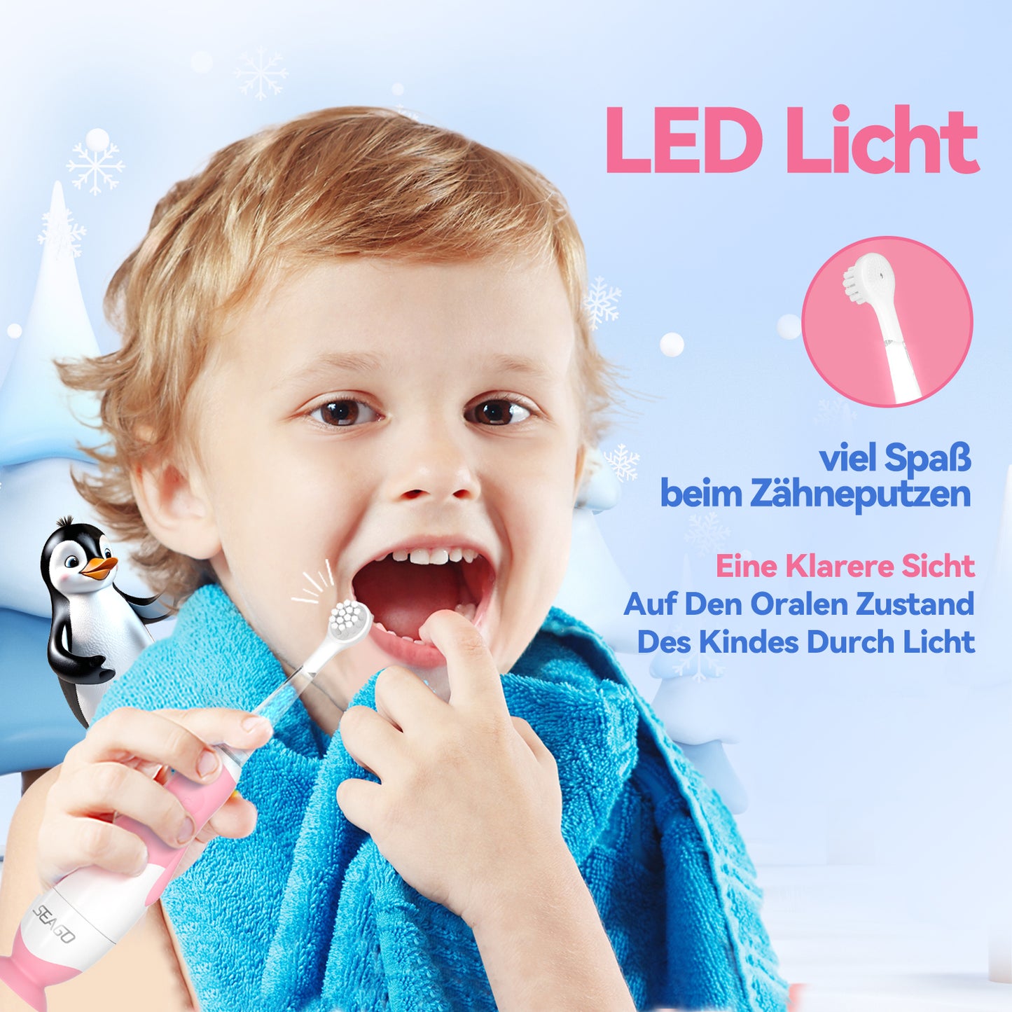 Seago Elektrische Zahnbürste Kinder Baby Zahnbürste ab 0 1 2 3 Jahr, mit LED Licht, Runder Weich Ersatzbürsten, Elektrische Zahnbürste Baby,2 Minuten Smart Timer, Wasserdicht IPX7,SG513