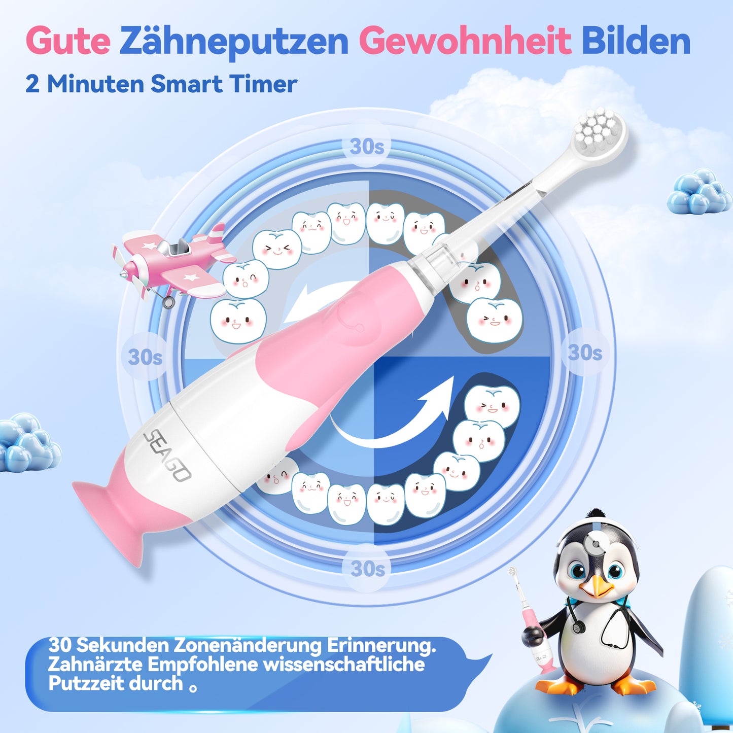 Seago Elektrische Zahnbürste Kinder Baby Zahnbürste ab 0 1 2 3 Jahr, mit LED Licht, Runder Weich Ersatzbürsten, Elektrische Zahnbürste Baby,2 Minuten Smart Timer, Wasserdicht IPX7,SG513