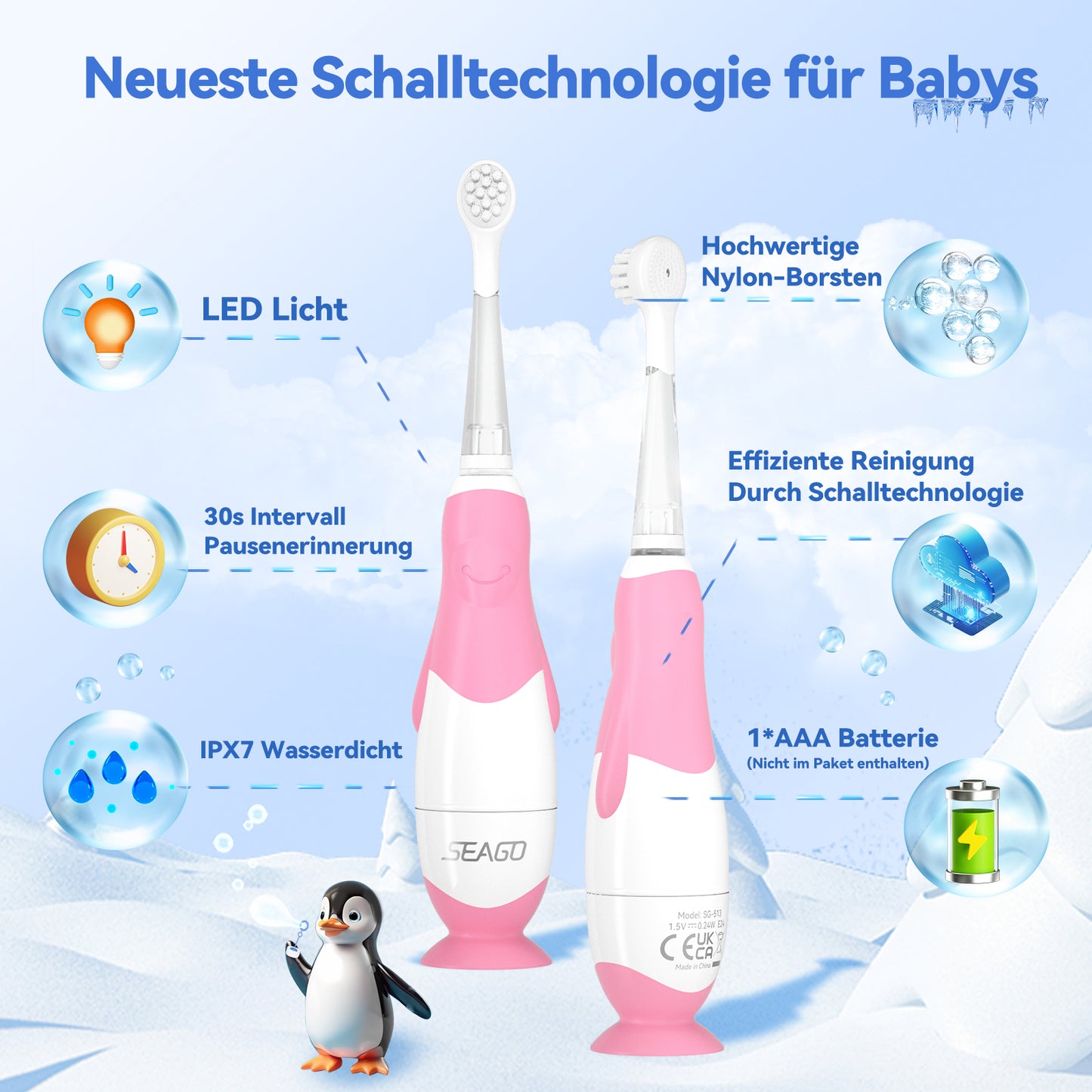 Seago Elektrische Zahnbürste Kinder Baby Zahnbürste ab 0 1 2 3 Jahr, mit LED Licht, Runder Weich Ersatzbürsten, Elektrische Zahnbürste Baby,2 Minuten Smart Timer, Wasserdicht IPX7,SG513