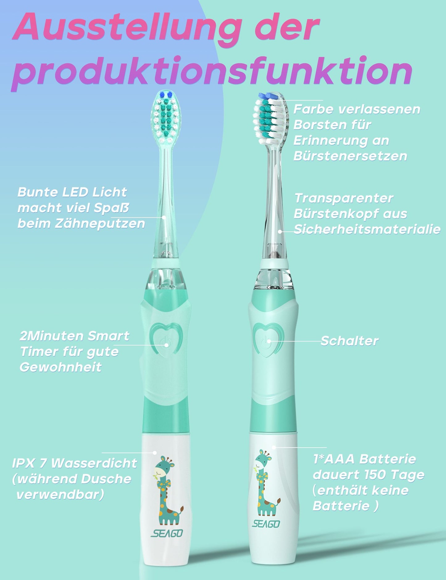 Seago Elektrische Zahnbürste Kinder mit 8 Extra Weiche Aufsteckbürste und 4 Persönliche Modi, LED Licht, Smart Timer, IPX7 Wasserdicht, Kinder Schallzahnbürste ab 3 Jahre, SG977
