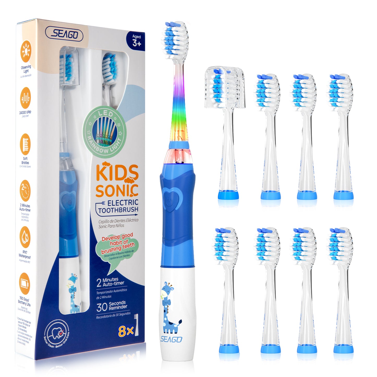 Seago Elektrische Zahnbürste Kinder mit 8 Extra Weiche Aufsteckbürste und 4 Persönliche Modi, LED Licht, Smart Timer, IPX7 Wasserdicht, Kinder Schallzahnbürste ab 3 Jahre, SG977