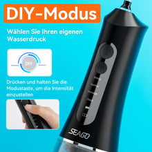 Load image into Gallery viewer, Munddusche Kabellos, SEAGO Tragbar Water Flosser Elektrische Zahnreiniger 5Modi &amp; 7Düsen, 300ML Wassertank Zahnzwischenraumreiniger Munddusche Testsieger IPX7 Wasserdicht Zahndusche für Reise &amp; Hause
