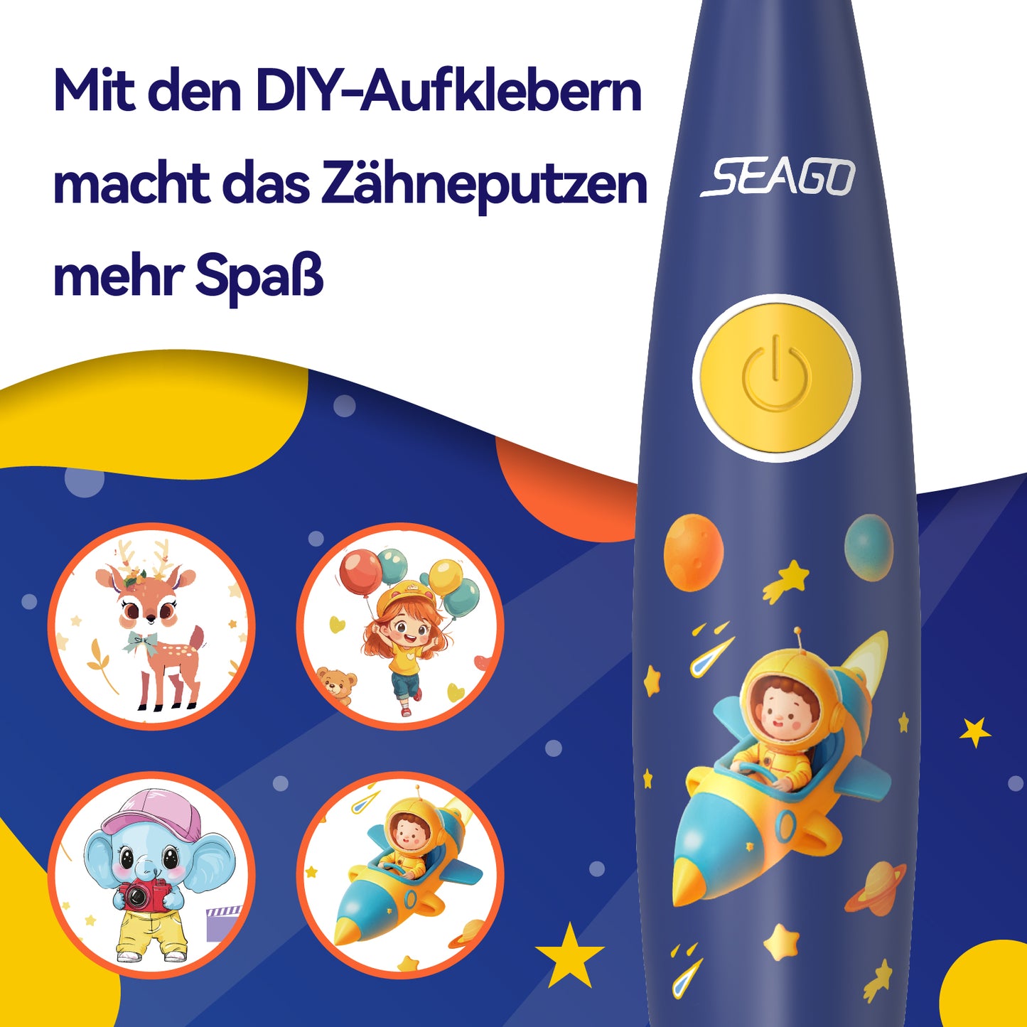 Seago Elektrische Zahnbürste Kinder ab 1 Jahr, Schallzahnbürste Kinder mit LED-Lichtern und DIY-Aufklebern, 8 Weiche BPA-freie Bürstenköpfe, Kinderzahnbürste für Baby 0 bis 3 Kleinkind, SG-2159