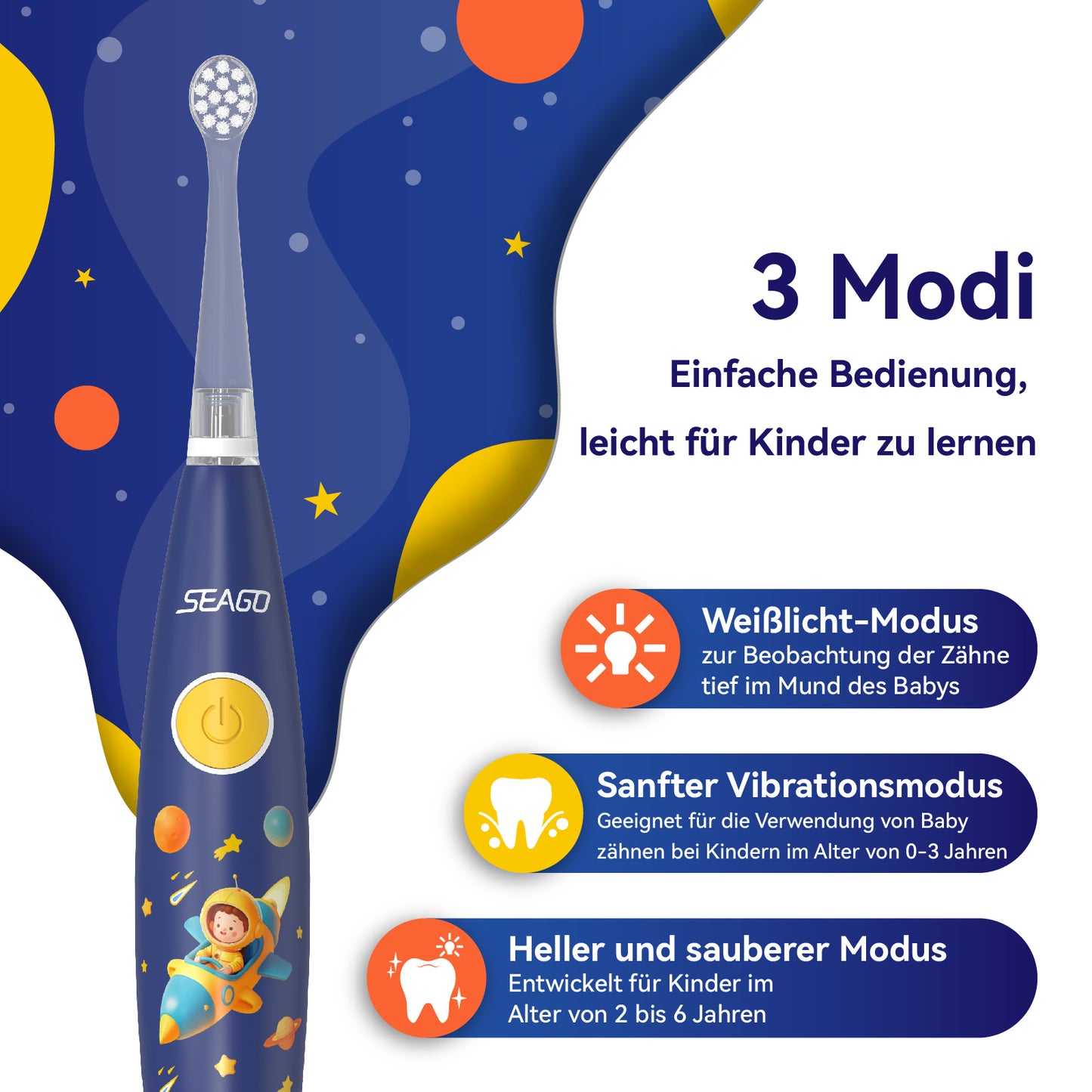Seago Elektrische Zahnbürste Kinder ab 1 Jahr, Schallzahnbürste Kinder mit LED-Lichtern und DIY-Aufklebern, 8 Weiche BPA-freie Bürstenköpfe, Kinderzahnbürste für Baby 0 bis 3 Kleinkind, SG-2159