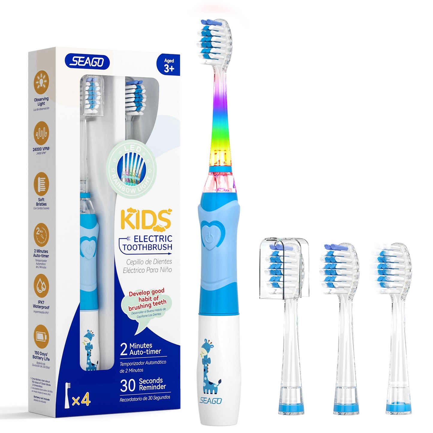 Seago Elektrische Zahnbürste Kinder ab 2, Kinderzahnbürsten mit 4 Extra Weiche Bürstenköpfe und LED Licht, 4 Modi 24000VPM Smart Timer Schallzahnbürste für Kleinkind Mädchen Jungen SG977