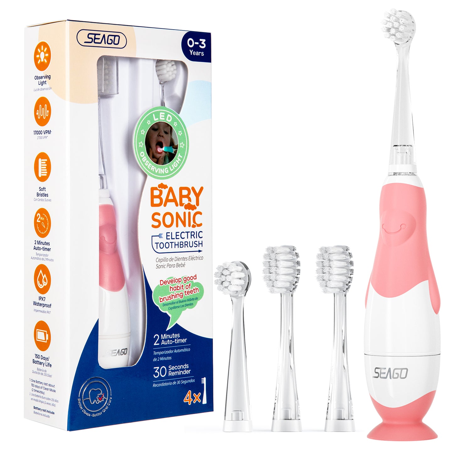 Seago Elektrische Zahnbürste Kinder Baby Zahnbürste ab 0 1 2 3 Jahr, mit LED Licht, Runder Weich Ersatzbürsten, Elektrische Zahnbürste Baby,2 Minuten Smart Timer, Wasserdicht IPX7,SG513