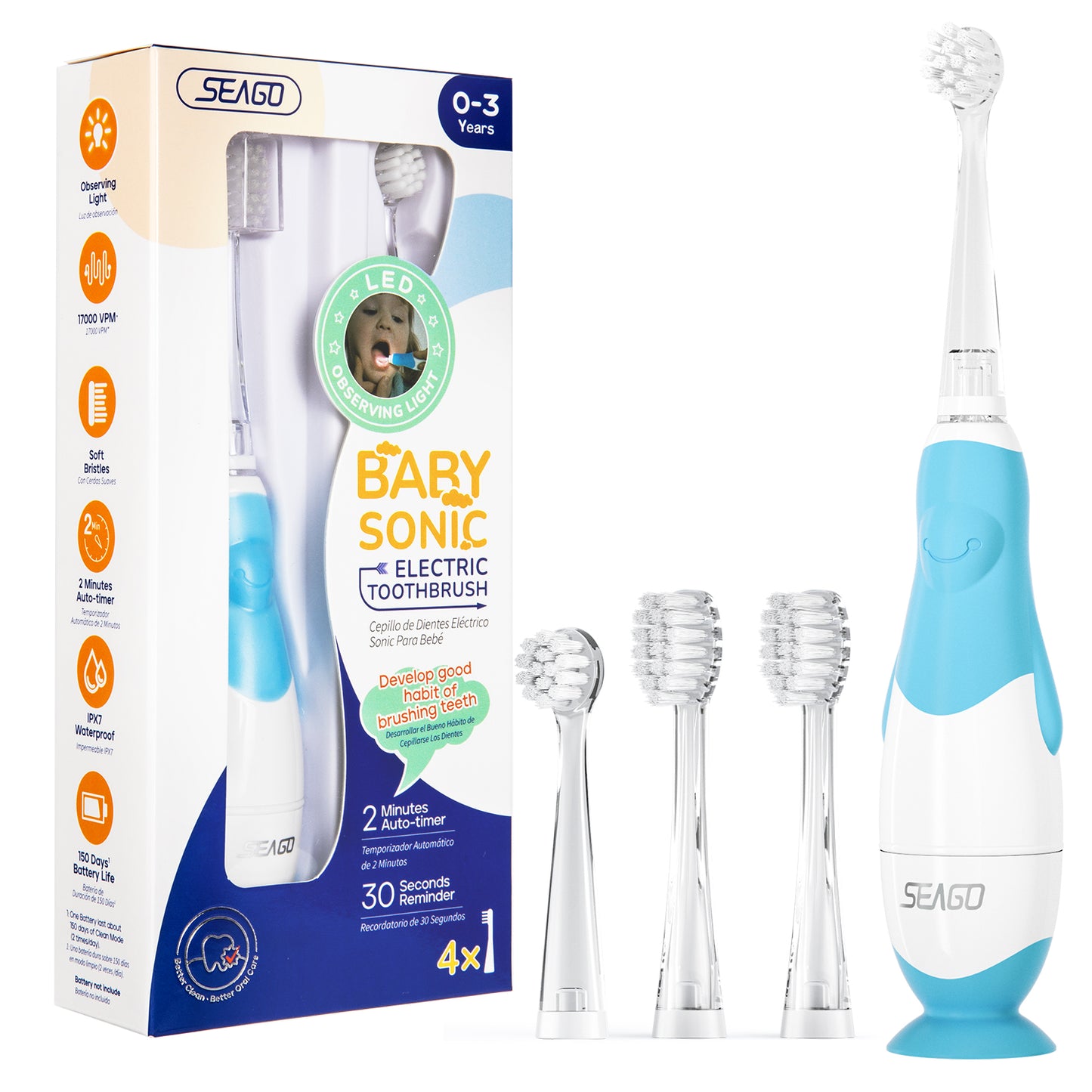 Seago Elektrische Zahnbürste Kinder Baby Zahnbürste ab 0 1 2 3 Jahr, mit LED Licht, Runder Weich Ersatzbürsten, Elektrische Zahnbürste Baby,2 Minuten Smart Timer, Wasserdicht IPX7,SG513